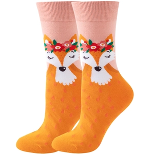 Detailed close-up of a cute orange fox pattern with floral wreath on cotton socks