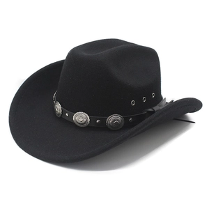 Western Cowboy Hat Wide Brim Cotton Polyester Felt Fedora With Leather Band Metal Conchos Ethnic Unisex