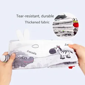 Durable black and white sensory cloth book for infant visual development with animal themes