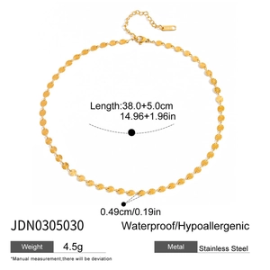 Dettaglio della catena a disco girasole in acciaio placcato oro 18K con dimensioni e peso