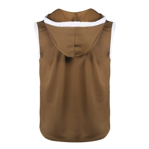 Macro shot of brown hooded sports vest with mesh texture and white piping details