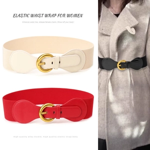 Women Vintage Elastic Wide Waist Belt Retro PU Leather Alloy Round Buckle Corset For Dress Coat Elegant