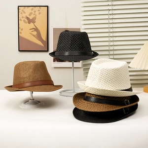 Mens woven straw fedora hats in various colors with leather bands for sun protection