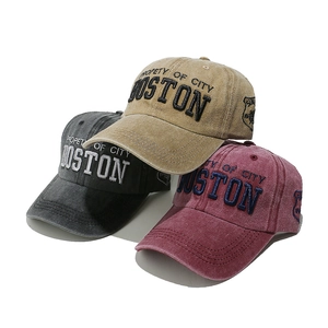 Vintage washed cotton baseball caps with Boston embroidery in khaki, grey, and burgundy colors