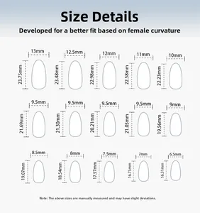 Detailed size guide for 3D cherry almond press-on nails showing width and length dimensions