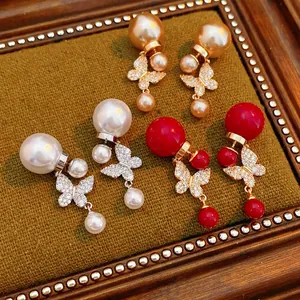 Vintage Gold Plated Butterfly Artificial Pearl Drop Earrings With Zirconia Imitation Artificial Pearl Silver Earring Post Jewelry Women