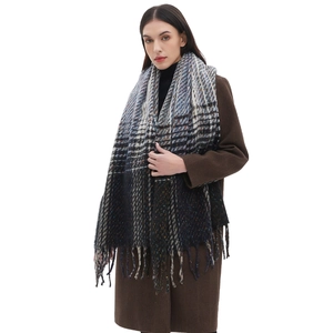Winter gradient color tassel scarf for women featuring a blue and brown knit pattern