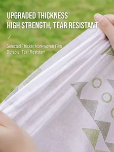 Thick disposable picnic mat with geometric patterns showing high tear resistance on grass