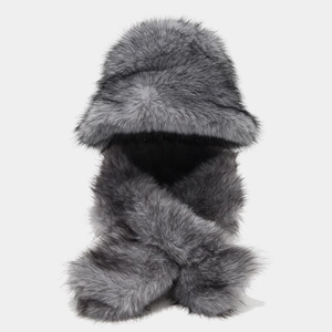 Detail of soft grey faux fur hat and scarf set featuring a plush leopard print texture