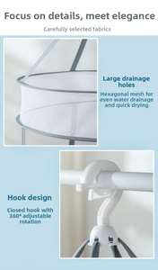 Detail view of hex mesh surface and 360-degree rotating hook on multi-layer drying rack