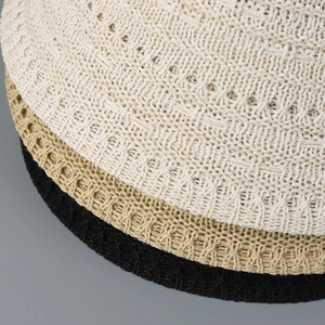 Breathable crochet bucket hats for women in cream, khaki, and black colors