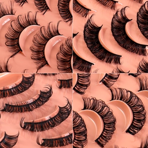 Mix of 20 pairs of dense Russian volume D-curl fiber eyelashes on a pink tray