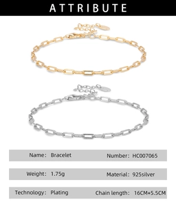 Detailed spec table for 925 sterling silver cube chain bracelet in gold and silver