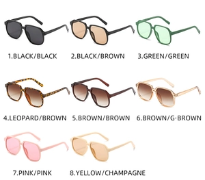 Collage of square chunky sunglasses in 8 macaron colors with solid and gradient lenses