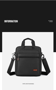Close-up of black business briefcase featuring durable nylon and orange logo detail