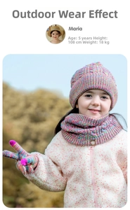 Kids winter knit beanie set with pompom, scarf and gloves in outdoor scene