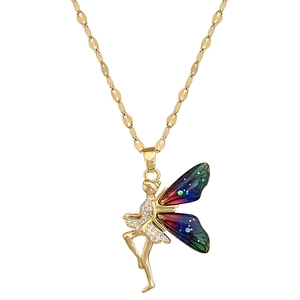 Titanium steel fairy necklace with gradient wings and crystals on white background