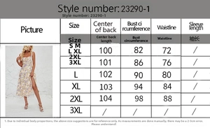 Detailed size chart for the sleeveless floral sun dress with measurements from S to 2XL
