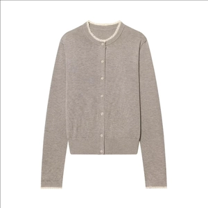 Women's grey knit cardigan with round neck and white lace trim on cuffs and collar