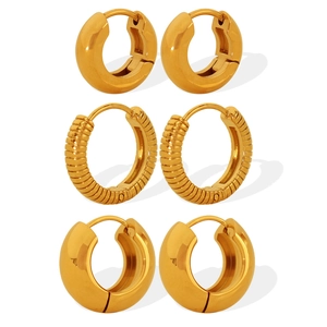 Three pairs of 18K gold plated titanium steel hoop earrings in varied stylish textures