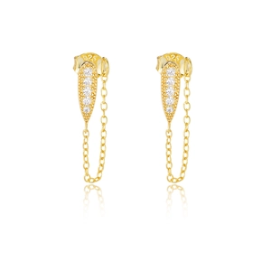 S925 sterling silver drop earrings with white zircons and delicate tassel chains