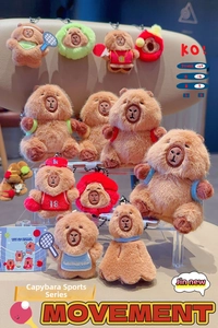 Detail view of capybara plush keychains with various sports accessories and soft textures
