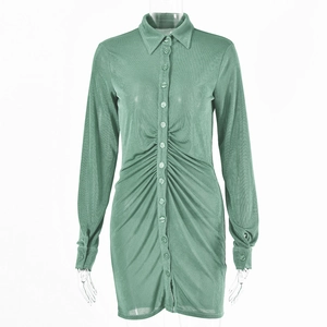 Detail of sage green long sleeve dress featuring classic collar and ruched pleats