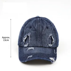 Vintage distressed blue denim baseball cap with torn details and 13cm deep crown fit