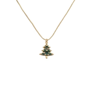 Gold plated Christmas tree necklace with green enamel and colorful crystals on box chain