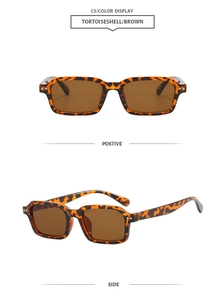 Front and side views of vintage tortoiseshell rectangle sunglasses with brown lenses