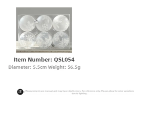 Close-up of six white snowflake-patterned Christmas balls in a clear PVC display box