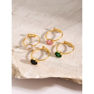 Adjustable 18k gold plated rings with colorful oval zircon stones on natural stone
