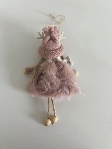Detail of pink knit angel Christmas tree pendant with reindeer antlers and lace skirt