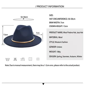 British style wool felt jazz fedora with flat brim and size chart for men and women