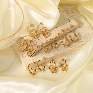Set of 6 minimalist 18K gold plated stainless steel earrings with geometric drop designs