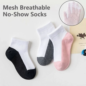 Three pairs of breathable mesh ankle socks in pink, grey, and black for children