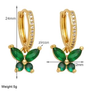 Detail view of gold butterfly earrings with green zircon showing dimensions 24mm by 12mm