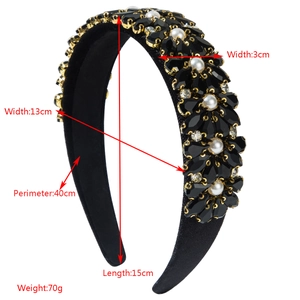 Baroque velvet headband with black crystals and pearls floral design 15cm height