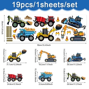 Cartoon construction vehicle wall stickers set featuring excavators and dump trucks with sizes