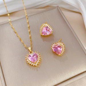 Pink heart crystal jewelry set with gold necklace and stud earrings for women