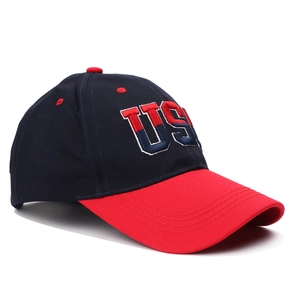 Close-up of USA 3D embroidery on navy and red contrast baseball cap with clean stitching