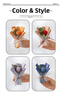 Hand-crocheted mini bouquets in various colors with star-patterned tulle and ribbons