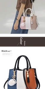 Detail view of stylish tote bags with pearl bow charms and color-block stitching patterns