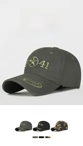 Detail of army style camouflage baseball cap with 41 star embroidery and US Army logo