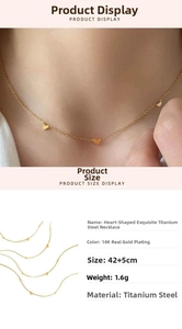 Vista detallada del pequeño colgante de corazón dorado y medidas del collar de titanio