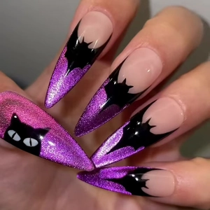 Halloween Ψεύτικα Νύχια Μακριά Stiletto Μωβ Σχέδιο Με Νυχτερίδες Και Γάτες ABS Πλαστικό Για Γυναίκες