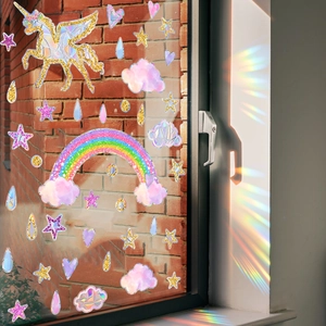 Adesivo per Finestra Acchiappasole Unicorno Arcobaleno Nuvole Stelle Modello Olografico Prisma Vinile per Cameretta Bambini Decorazione