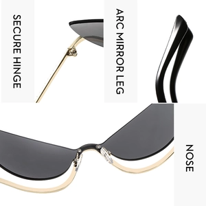 Detail of secure hinges, arc mirror legs, and nose pads on golden cat eye sunglasses