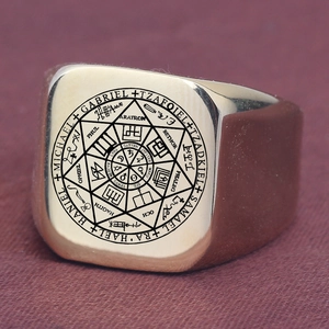 Detail of 18mm golden stainless steel ring with black etched Seven Archangels seal