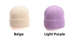Detail view of beige and light purple ribbed knit beanies with wide cuffed edges